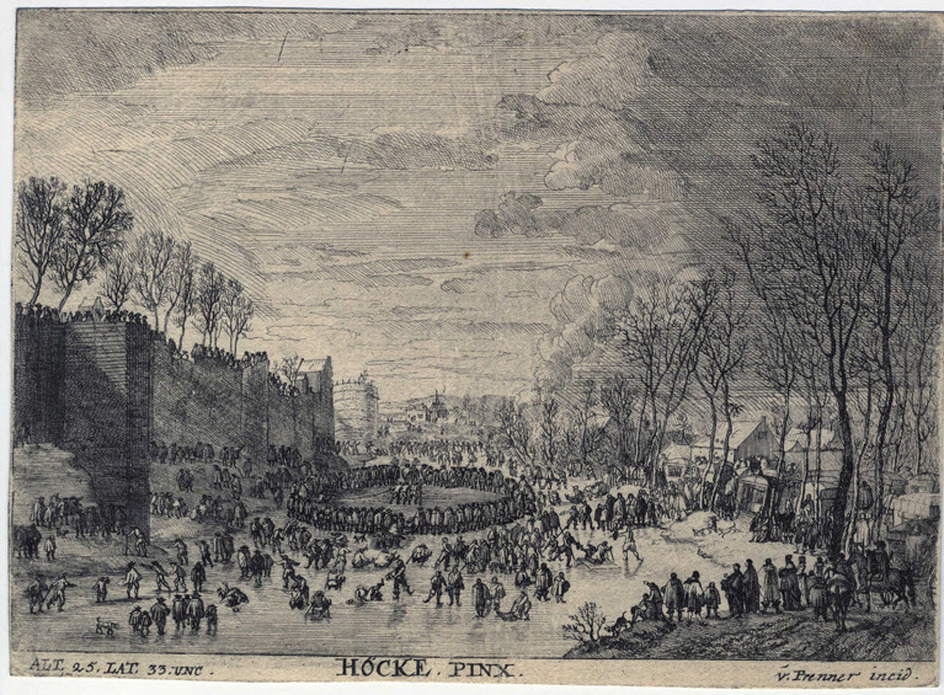 Dutch landscape with people skating on a frozen sea
