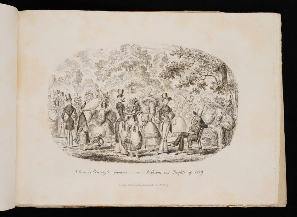 A scene in Kensington Gardens, or Fashions and Frights of 1829