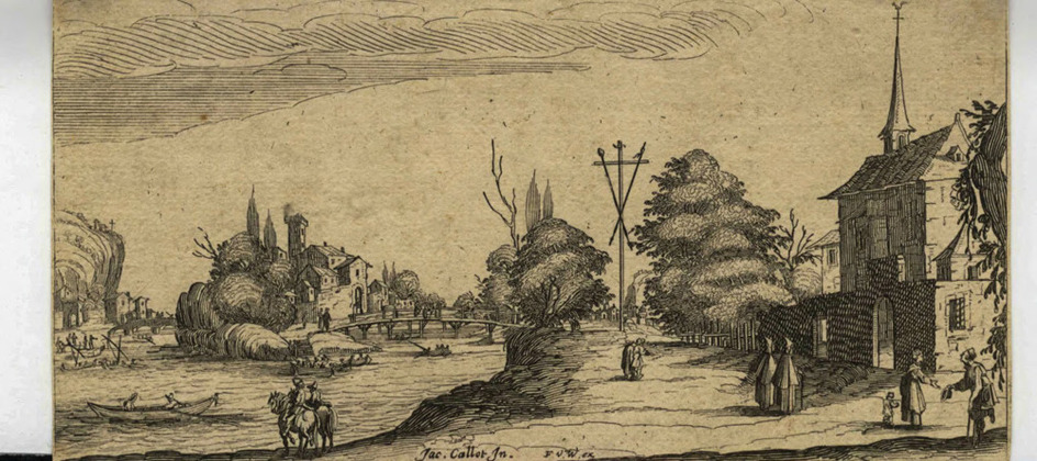 Path near a river, in the middle ground a bridge and a church to the right, copy in reverse
