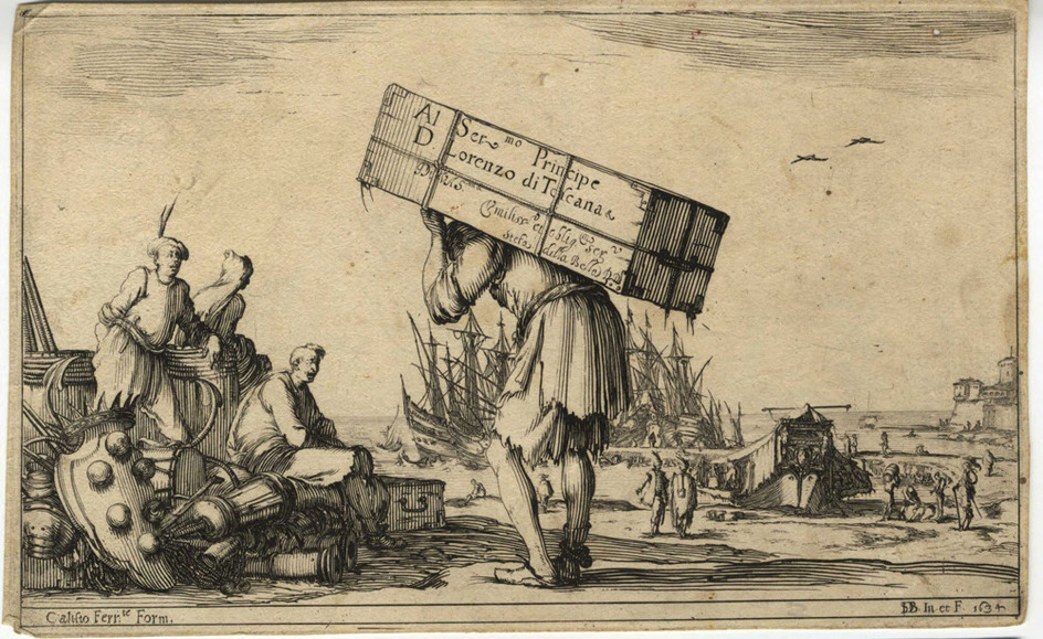 Plate 1: at centre a man dressed in rags, carrying a large trunk on his back towards left, where two men and a woman are leaning on cases and barrels, copy