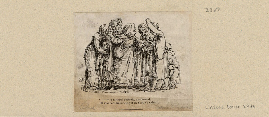 A female story-teller wearing a long hooded cloak stands surrounded by attentive listeners