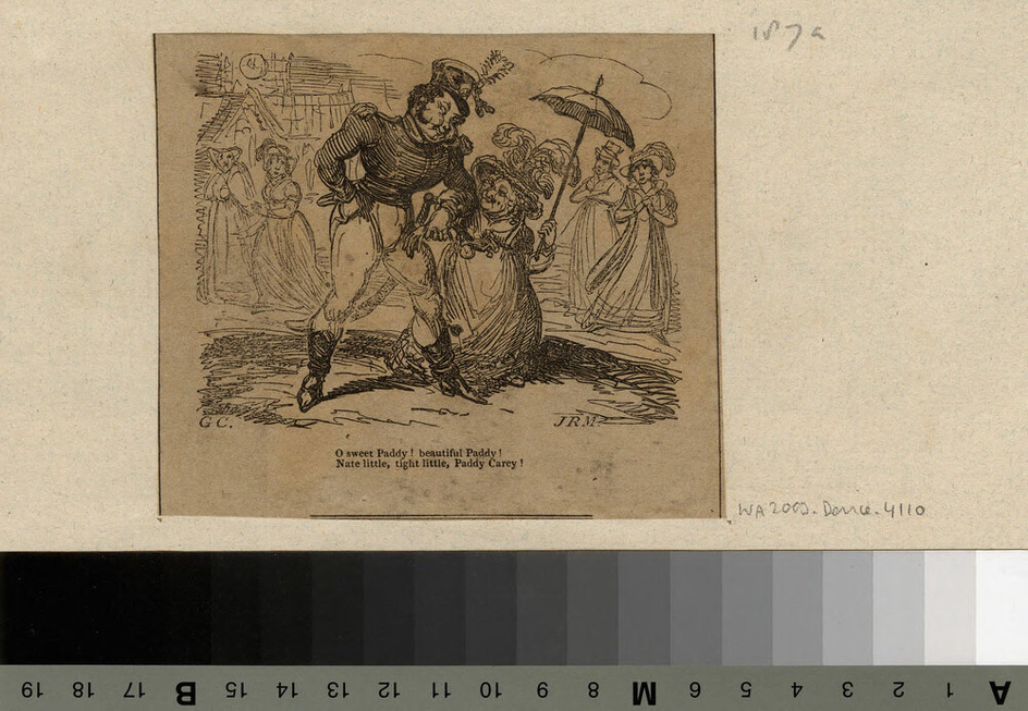 A young tall soldier and a short elderly woman wearing a feathered hat and carrying a parasol walk arm in arm while passers-by stare at them in the background, with verses below