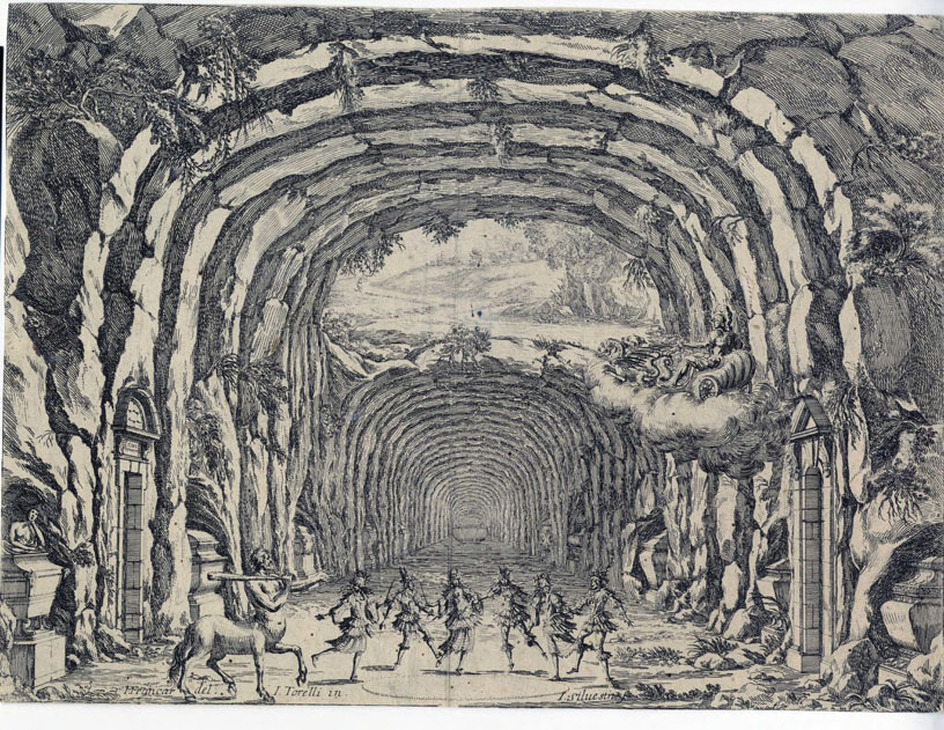 Stage scene with dancing men and a centaur in a grotto