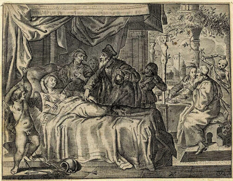 Mourners around the bed of a woman