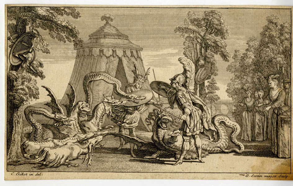 Two soldiers fighting several dragons