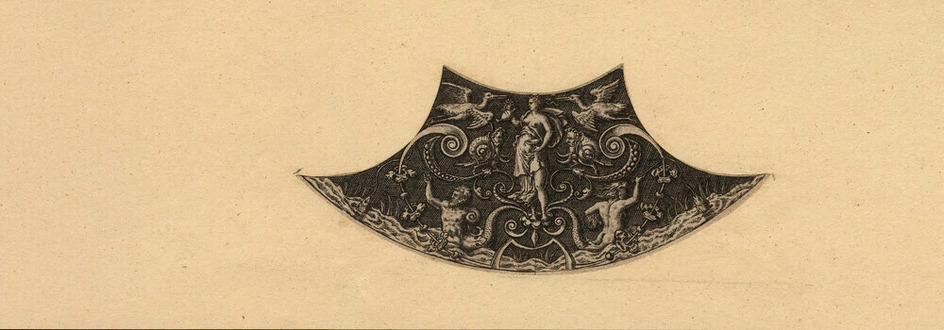 Ornamental border, quarter circle, of grotesque figures with foliage and classical figures on rim of plate, originally between portrait medallions of Roman emperors, from Douce Ornament Prints Album I
