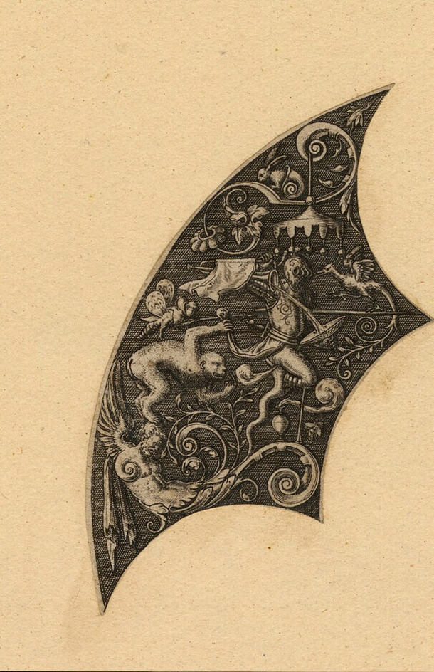 Ornamental border, quarter circle, of grotesque figures with foliage and classical figures on rim of plate, originally between portrait medallions of Roman emperors