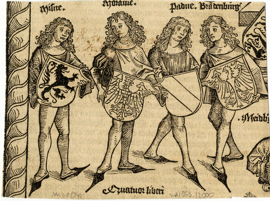 Four German noblemen presenting their coats of arms