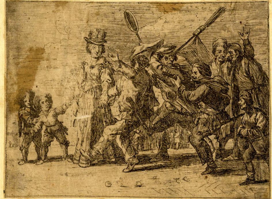 Plate 6: A masquerade moving towards left, one of them holding a broom and a pan, another playing music, two dwarfs standing at far left, broken egg-shells in foreground