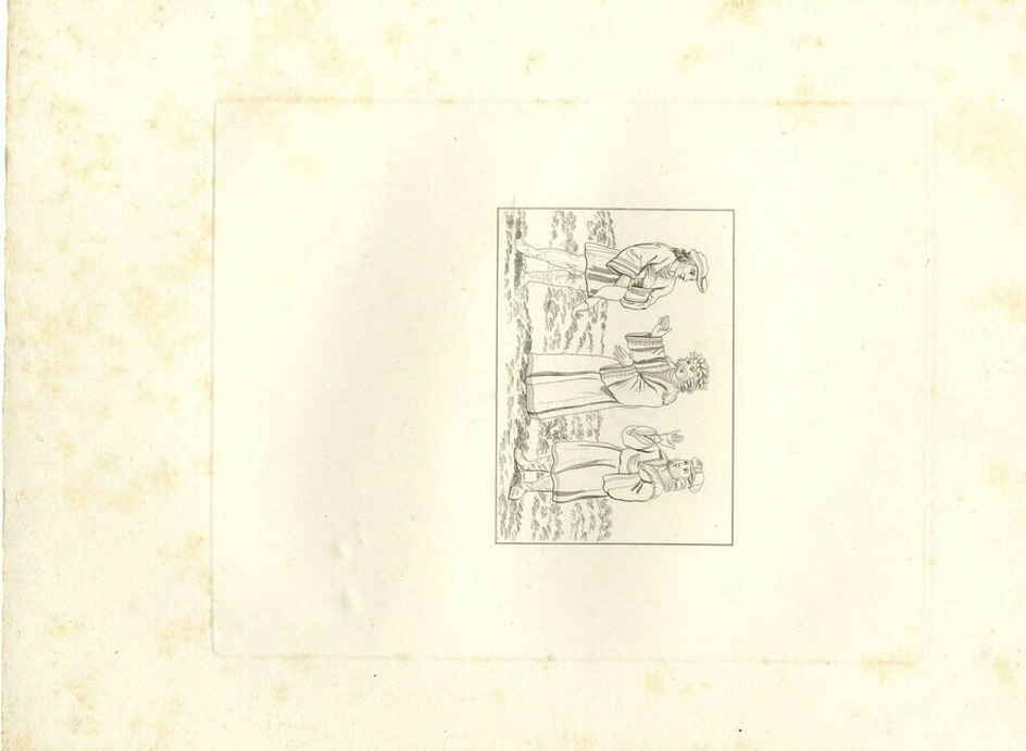 A figure wearing a laurel wreath speaking two figures