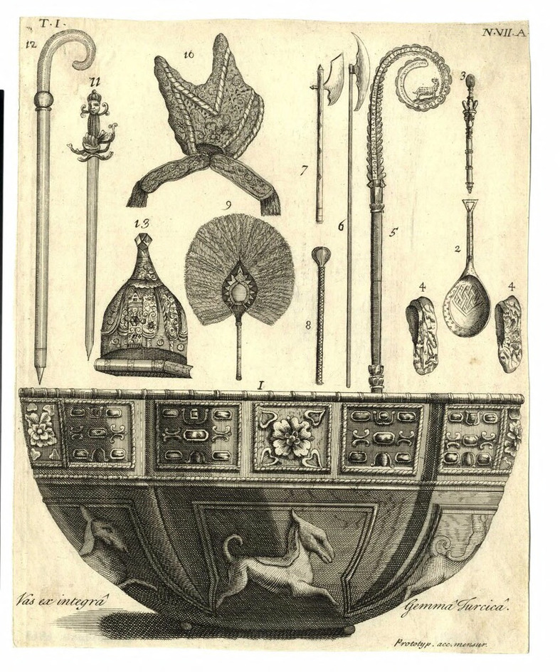 A collection of pastoral staffs and liturgical objects