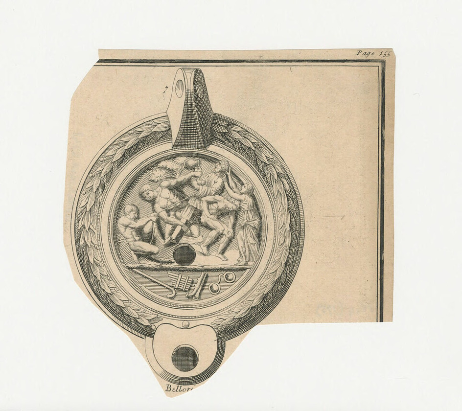 Roman oil lamp showing three men and a woman erecting the god's herm, at bottom are musical instruments and a staff