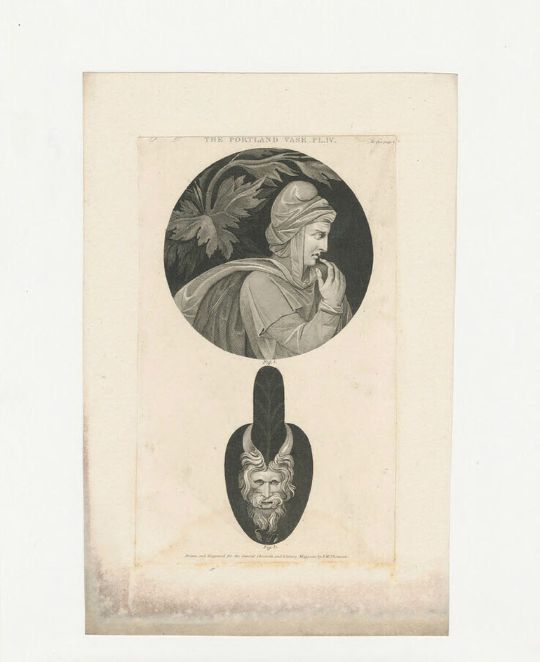 Two details of the Portland Vase, in the centre the base with a bust of a man in a hooded cape, looking to right pensively, his hand at his mouth, below it a picture of one of the handles, showing a bearded head