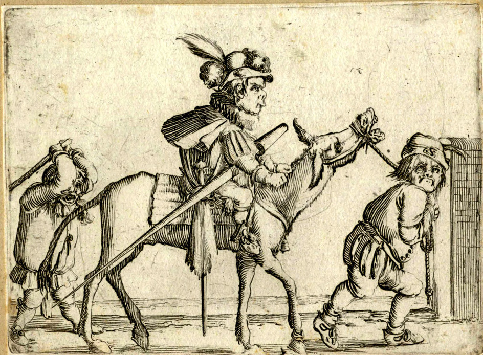 A dwarf riding a mule, another one going in front and a third beating from behind