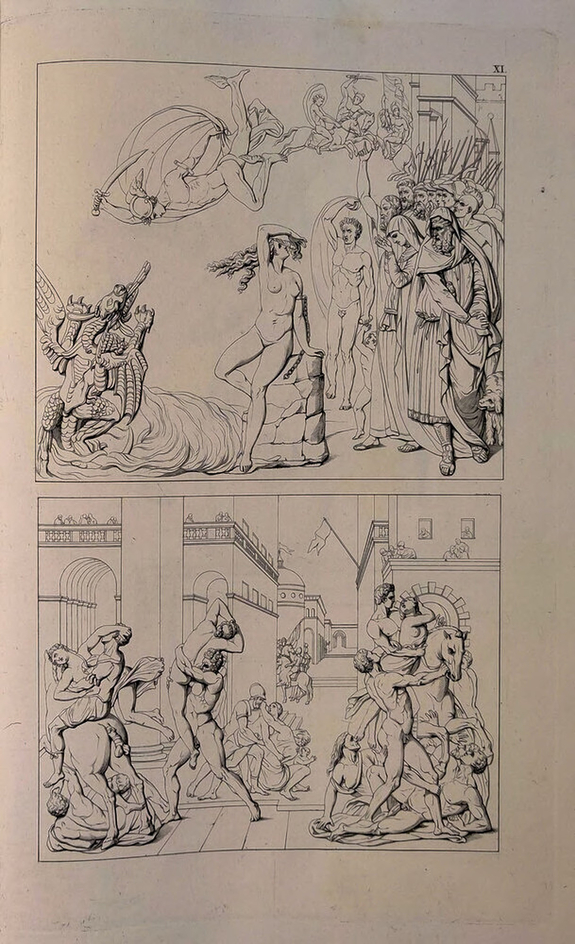 Two bas-reliefs by Cellini and Giambologna, the top panel shows Andromeda saved by Perseus, at the bottom the rape of the Sabine women
