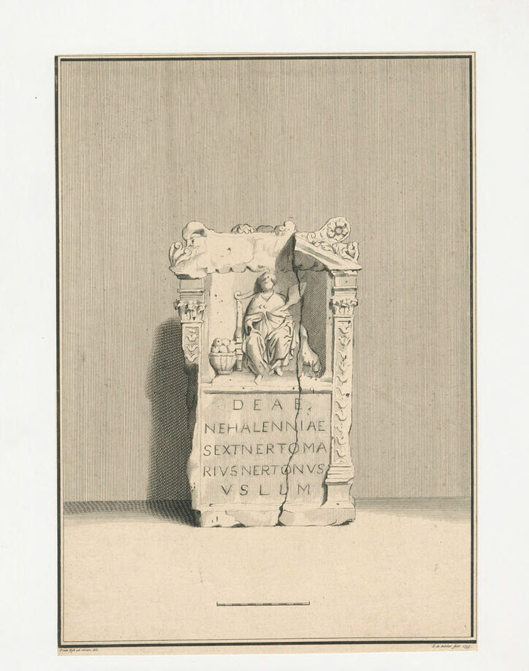Votive altar with Latin inscription decorated with a female figure seated flanked by a basket of apples and a dog