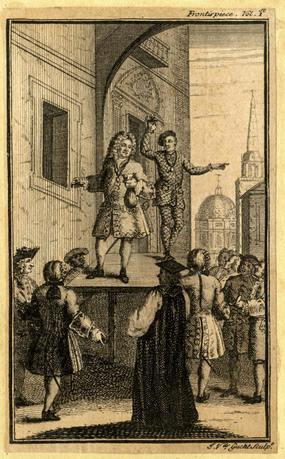 Two men on a stage, frontispiece to a book
