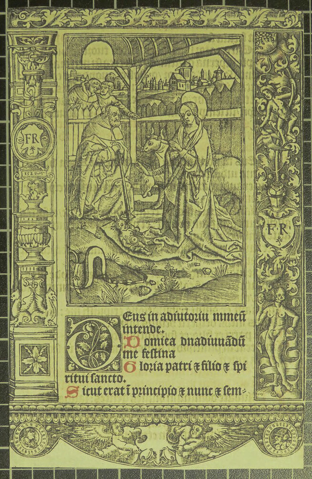 Nativity, with the holy family, a donkey and a cow in a stable