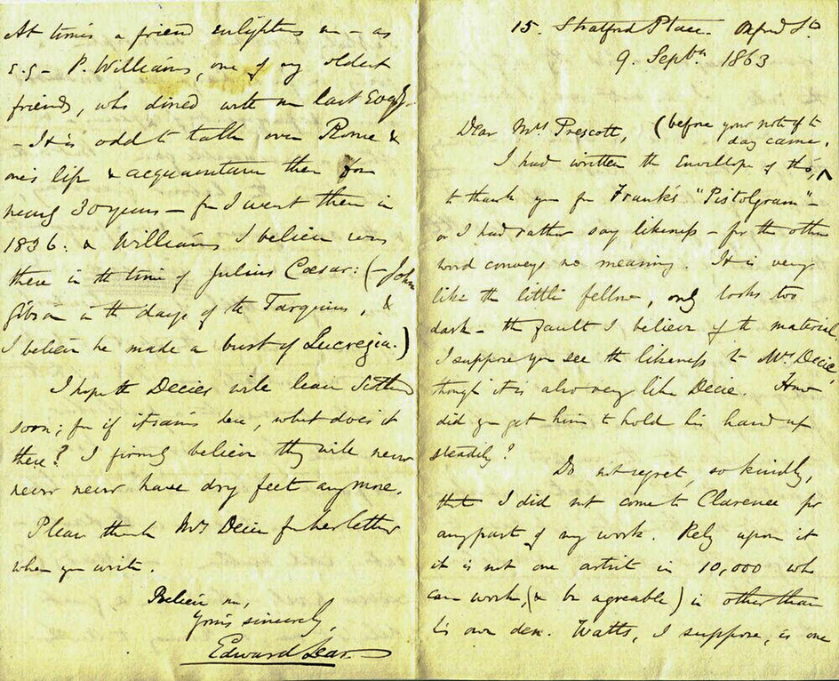 Letter from Lear to Mrs Prescott, 9 September 1863