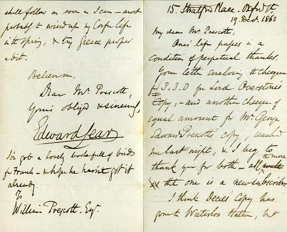 Letter from Lear to Mrs Prescott, 19 December 1863