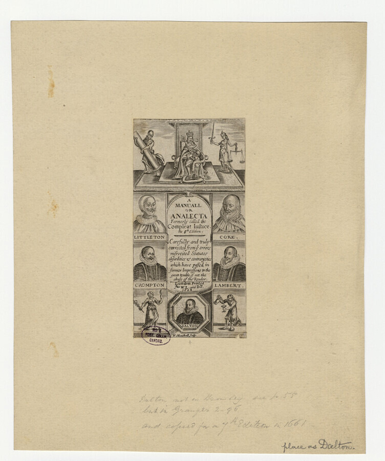 Frontispiece to 'Analecta', depicting Dalton, Littleton, Coke, Crompton and Lambert