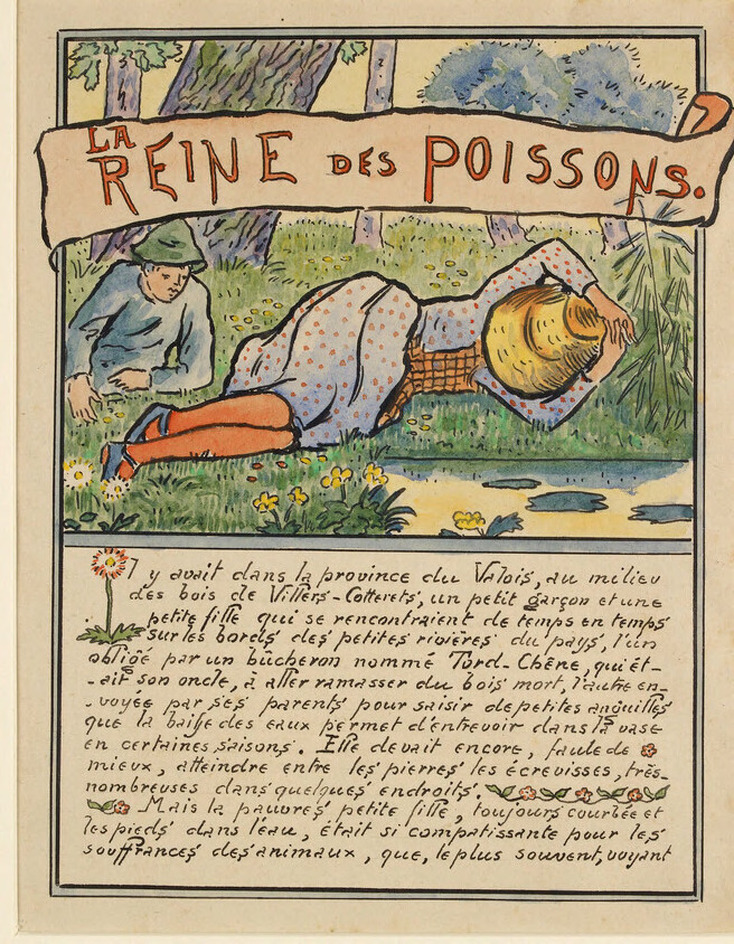 Girl and boy reclining on the banks of a stream: opening page for 'La Reine des Poissons'