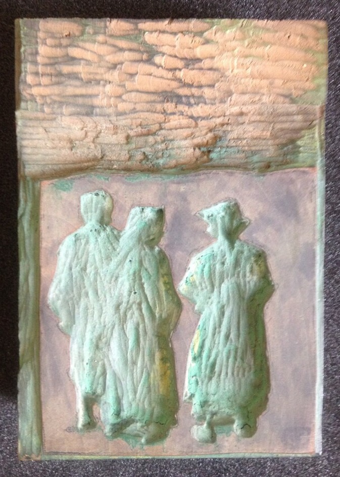 One of four woodblocks for Three Peasants, illustration to 'Trois Paysans Causant dans les Champs'