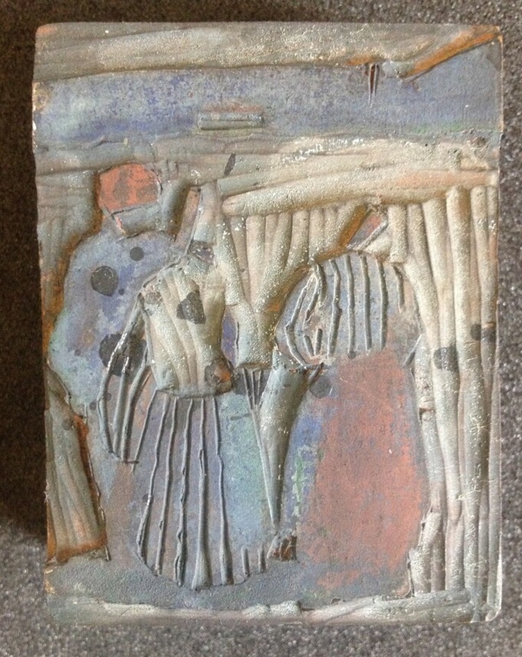 One of five woodblocks for Three Peasants, illustration to 'Trois Paysans Causant dans les Champs'