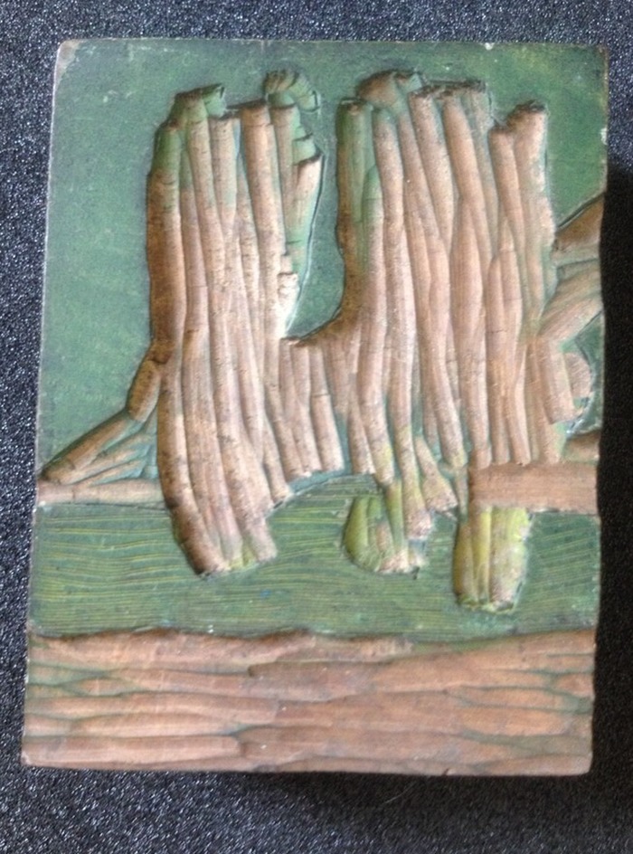 One of five woodblocks for Three Peasants, illustration to 'Trois Paysans Causant dans les Champs'