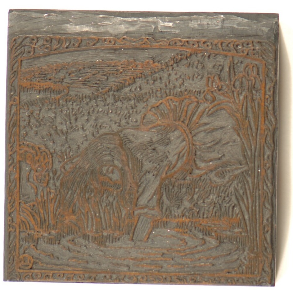 One of four woodblocks for Girl Reaching into Stream, the line block, illustration to 'Queen of the Fishes'