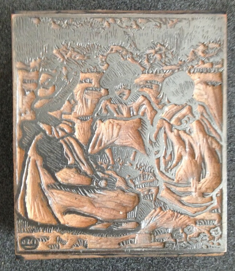Woodblock for Three Children Seated on Grass