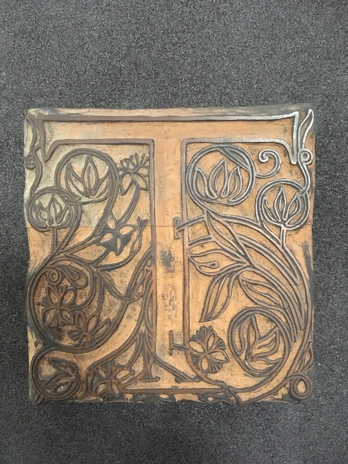 Woodblock for Initial T to 'Areopagitica' by John Milton, p.1, possibly unused