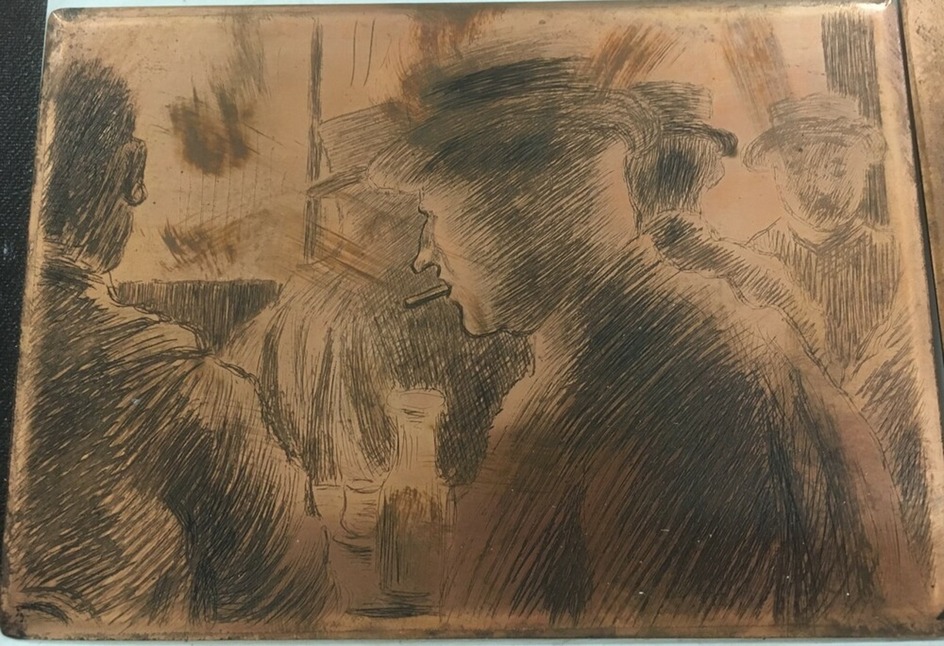 Etching plate for Man smoking in cafe