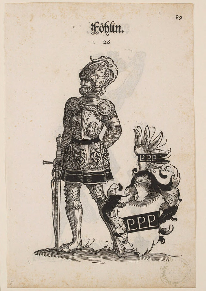 Recto: A Man in Armour with the Arms of Föhlin 
Verso: A Man in Armour with the Arms of Nenthart