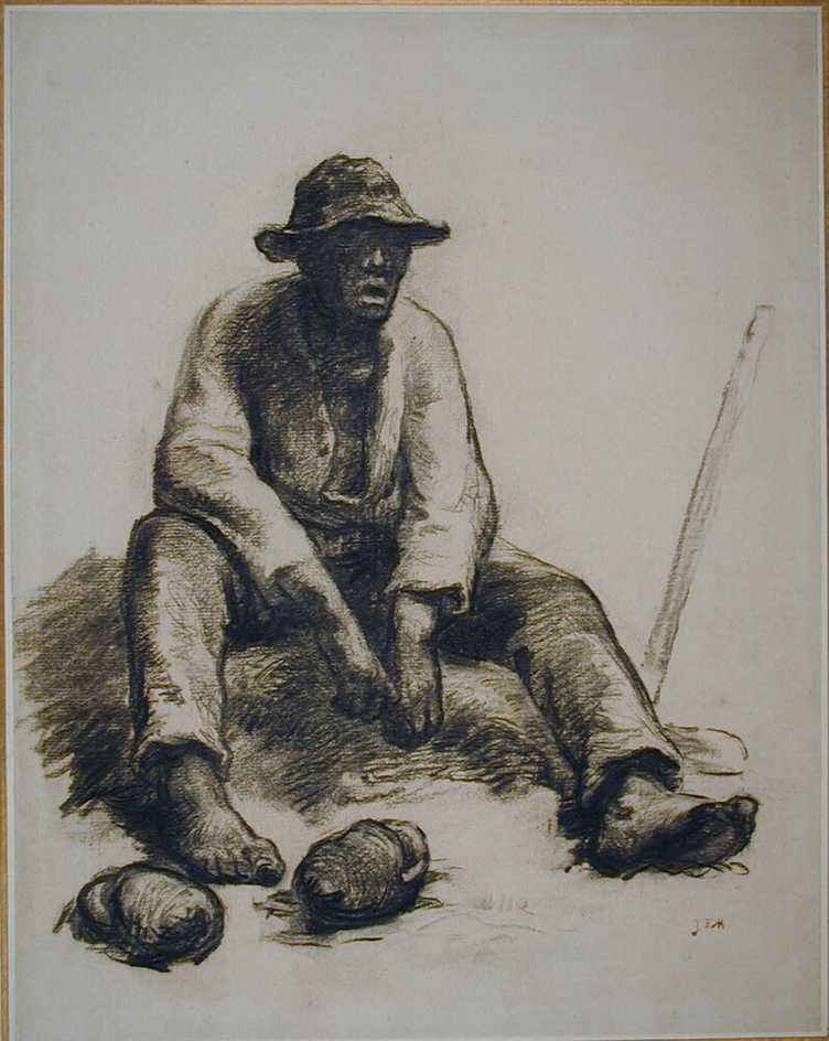 A vineworker, seated on the ground, legs outstretched