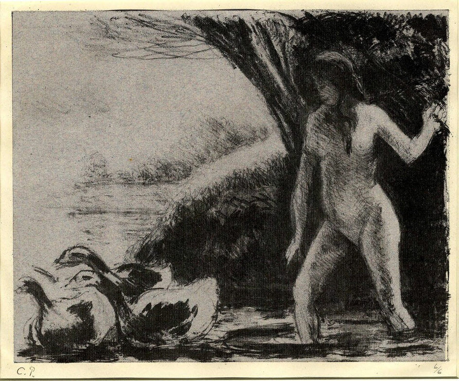 Paysanne nue chassant des oies