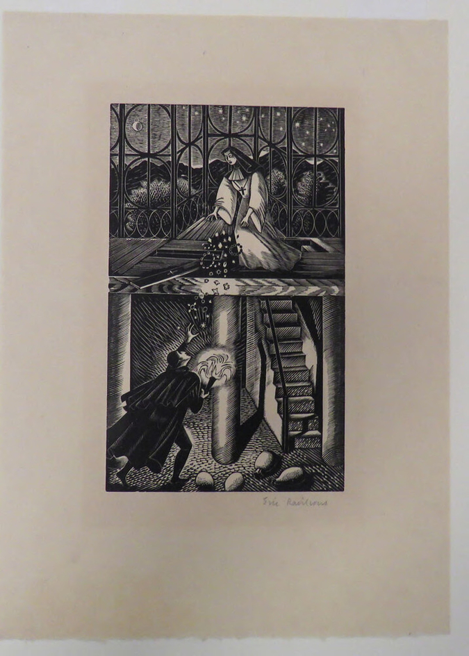 Illustration for 'Famous Tragedy of the Jew of Malta': nun throwing jewels down to cloaked figure with torch