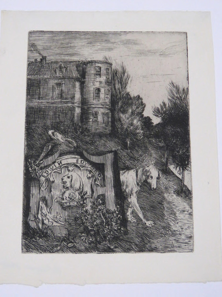 House in the background with crest and dog in the foreground