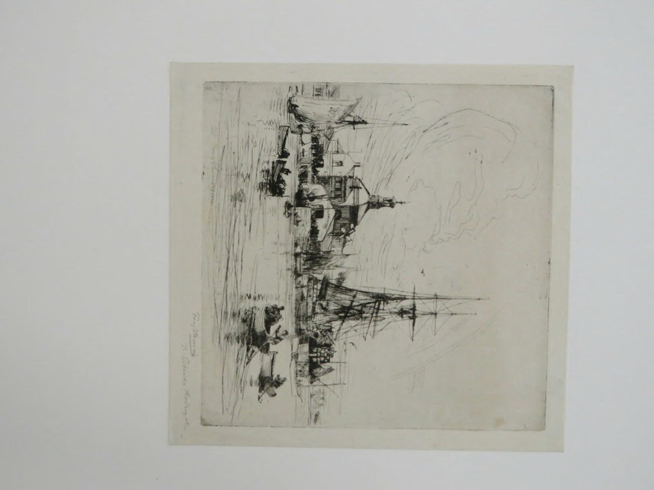 Harbour scene with rigged sailing boat and rowing boats
