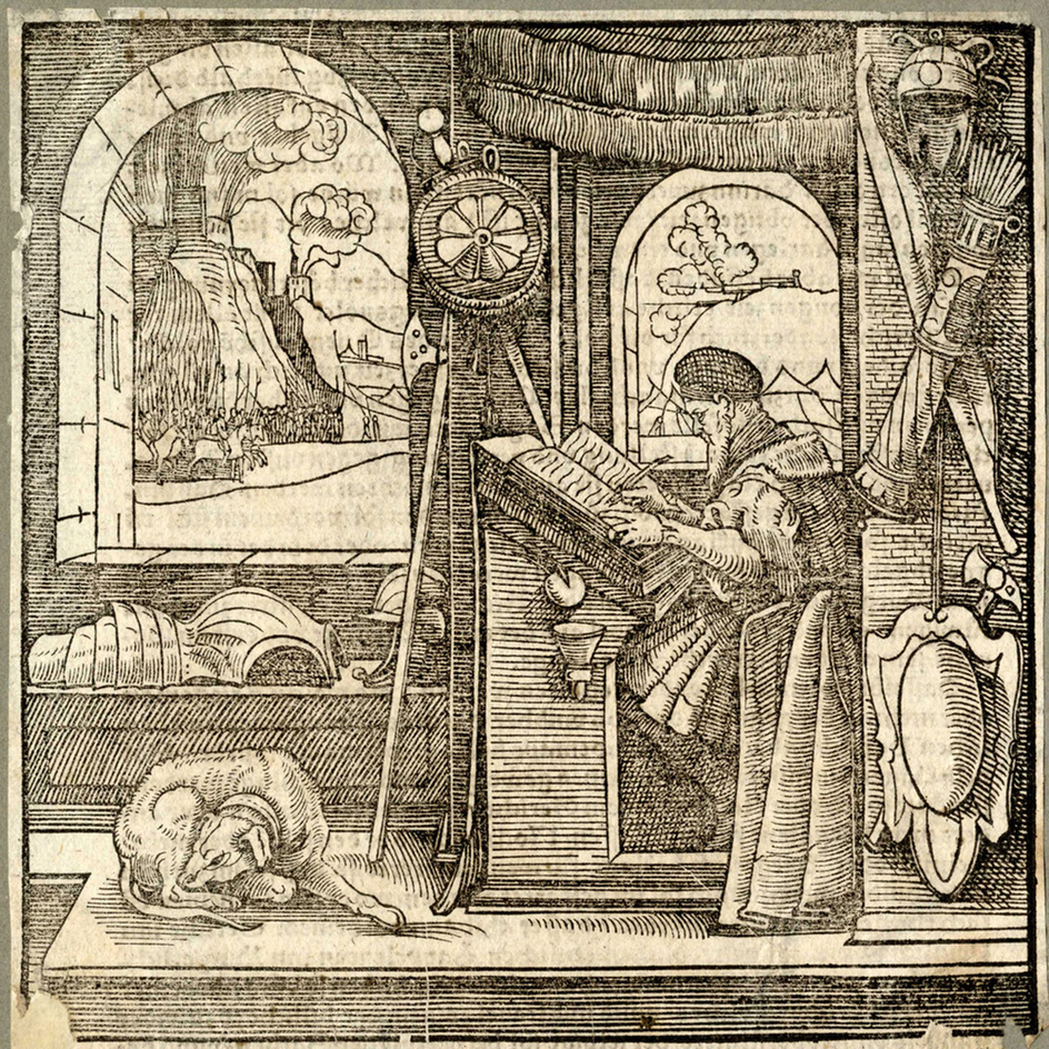 Flavius Josephus in his studio with a dog
