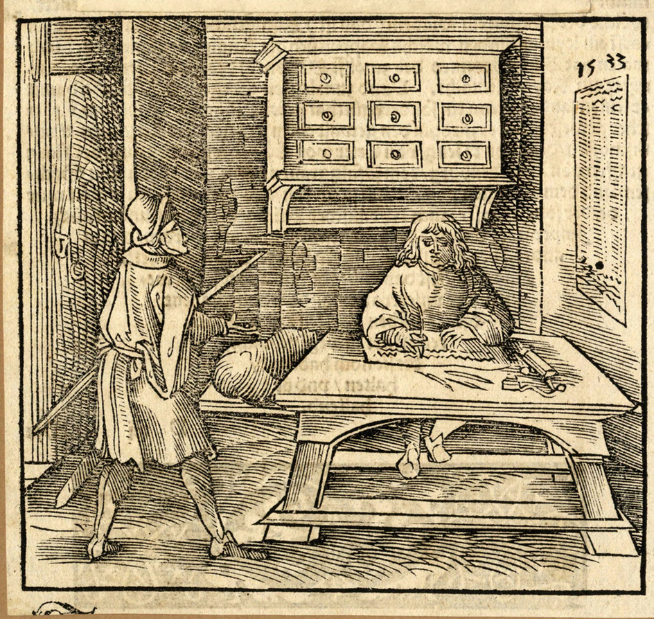 Recto: A man writing at a desk and another one standing with a spear at left
Verso: Letterpress