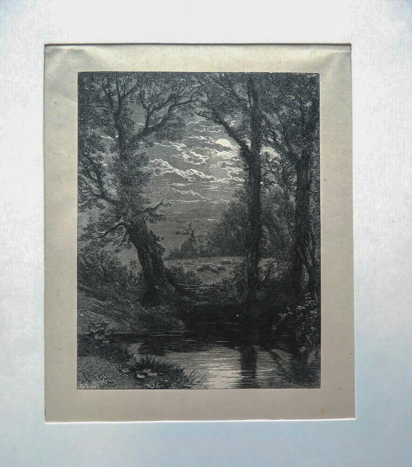 English Landscape: moonlit scene, wtih river, trees and distant sheep, the moon half hidden by clouds