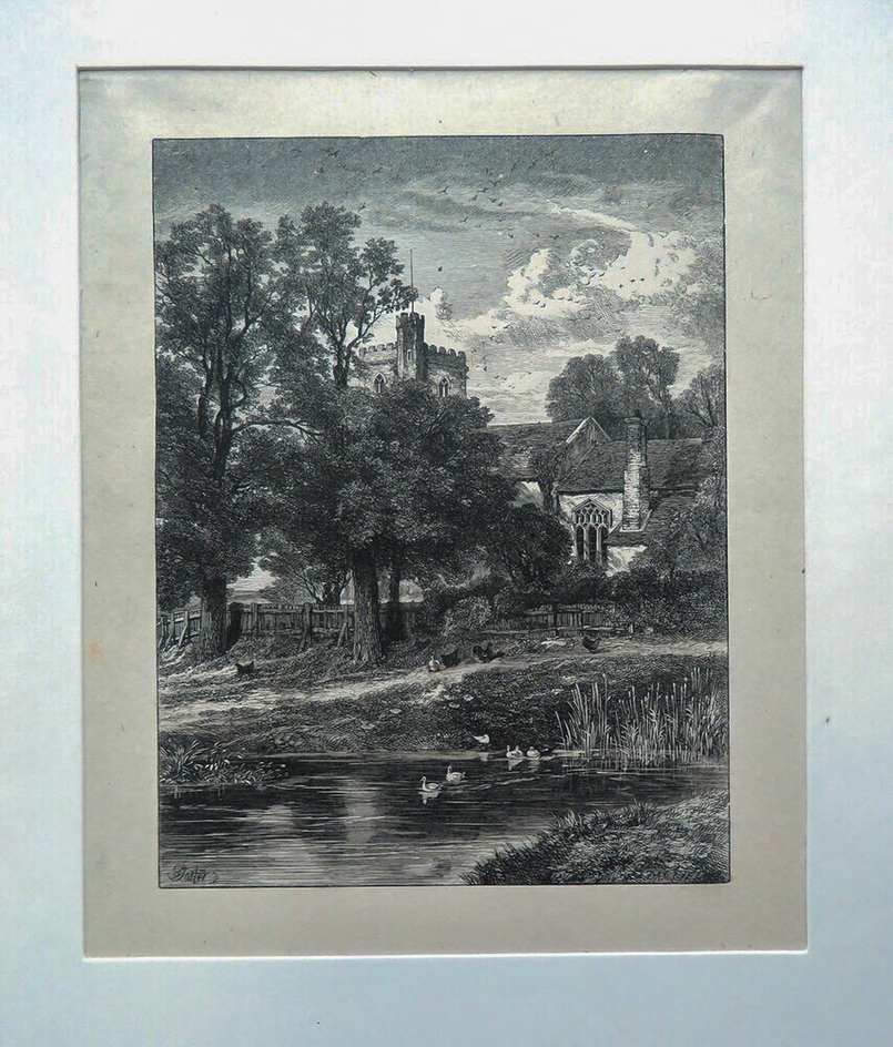 English Landscape: duck pond, with trees and church
