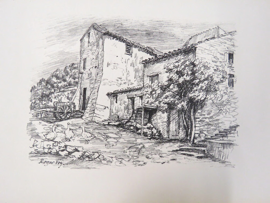 Mediterranean landscape with farm buildings and geese