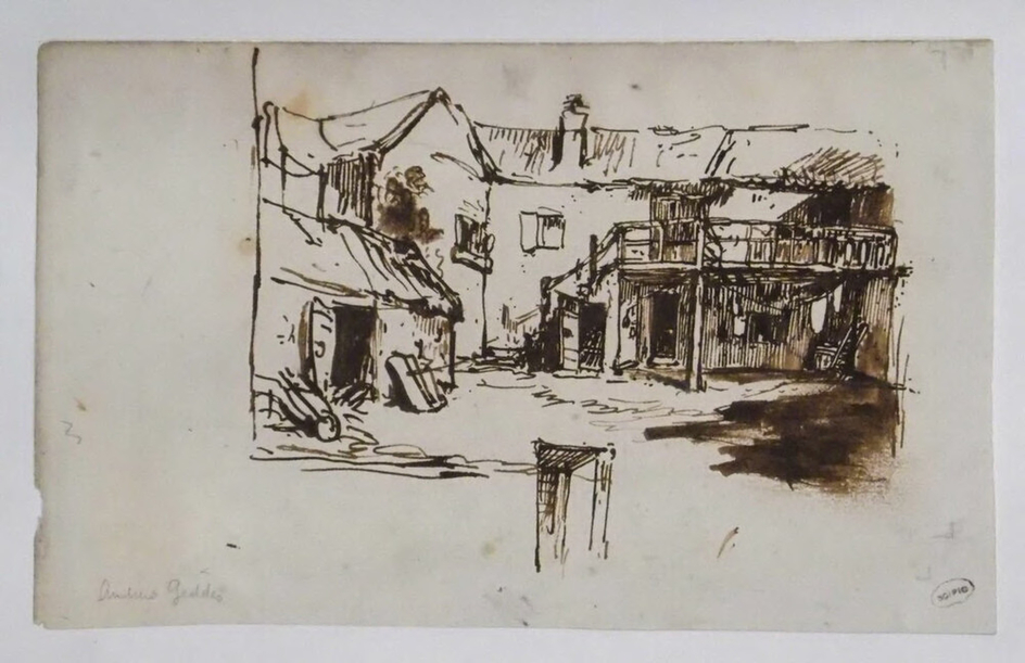 Recto: Courtyard with a Balcony
Verso: Two Figure Drawings