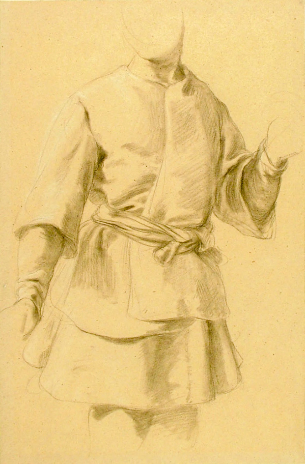 Study of a standing figure wearing a short tunic, seen from the front