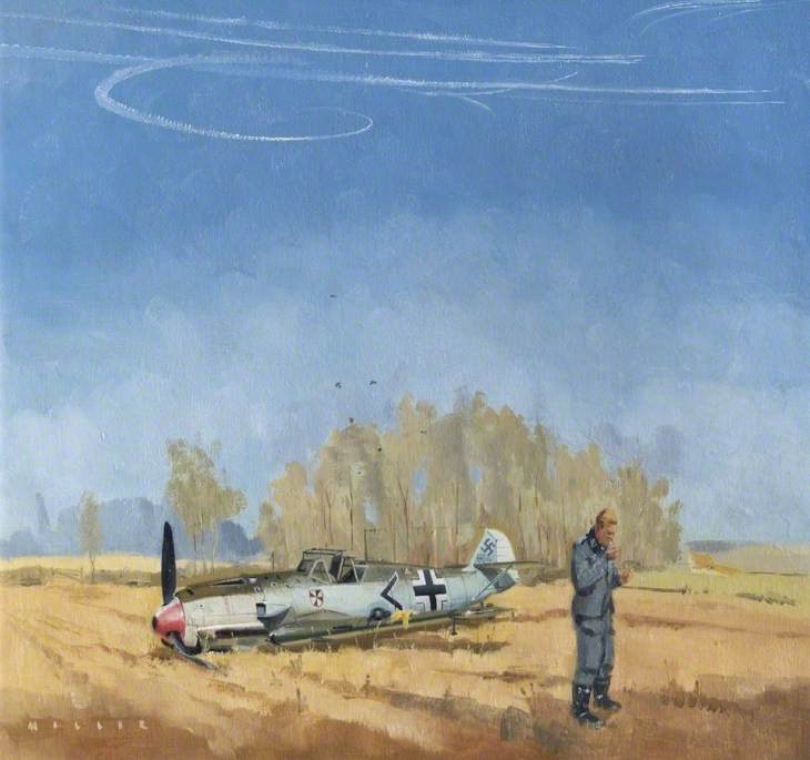 German Pilot next to Crashed Aircraft (Harvest Scene, 1940)