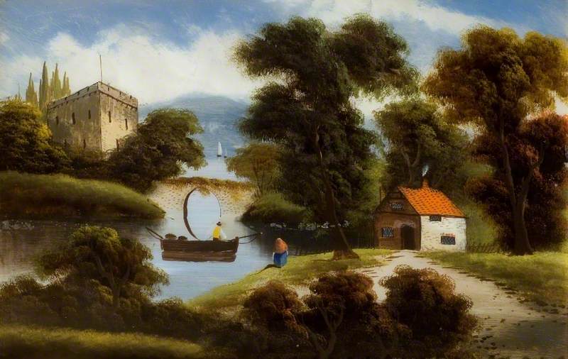 Scene with a Cottage, a Boat and a Bridge over a River