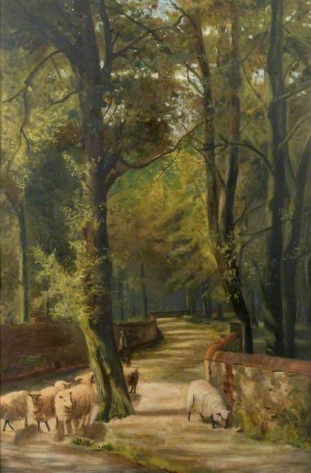 Wooded Lane with Shepherd and Sheep