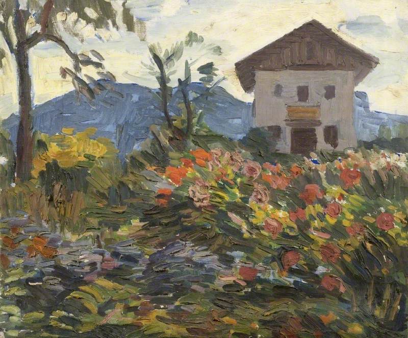 A Mass of Flowers with a House and a Mountain Beyond*